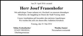 Traueranzeige von Josef Frauenhofer von Süddeutsche Zeitung