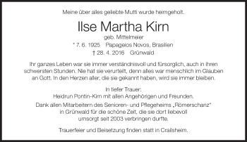 Traueranzeige von Ilse Martha Kirn von Süddeutsche Zeitung