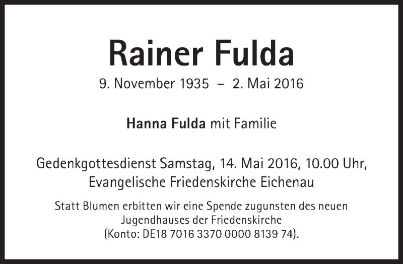  Traueranzeige für Rainer Fulda vom 07.05.2016 aus Süddeutsche Zeitung