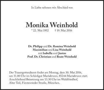 Traueranzeige von Monika Weinhold von Süddeutsche Zeitung