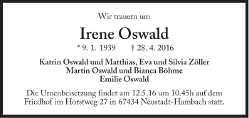 Traueranzeige von Irene Oswald von Süddeutsche Zeitung