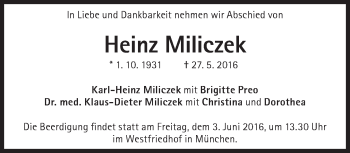 Traueranzeige von Heinz Miliczek von Süddeutsche Zeitung