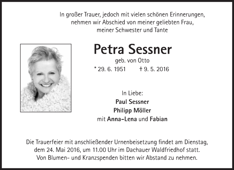  Traueranzeige für Petra Sessner vom 14.05.2016 aus Süddeutsche Zeitung