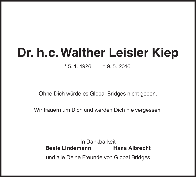  Traueranzeige für Walther Leisler Kiep vom 12.05.2016 aus Süddeutsche Zeitung