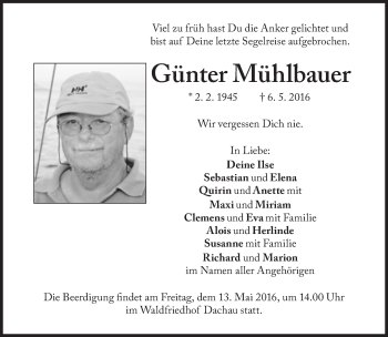 Traueranzeige von Günter Mühlbauer von Süddeutsche Zeitung