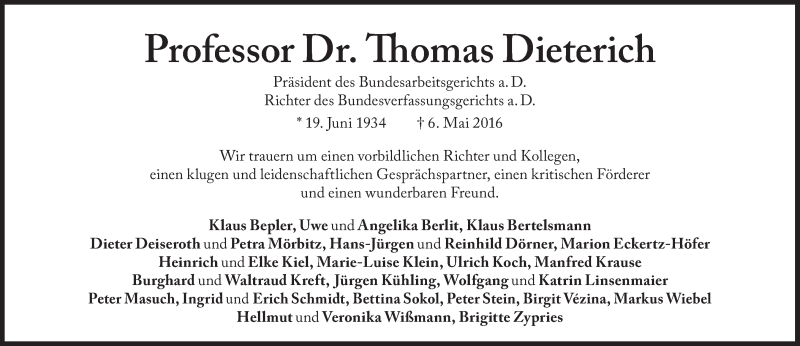  Traueranzeige für Thomas Dieterich vom 14.05.2016 aus Süddeutsche Zeitung