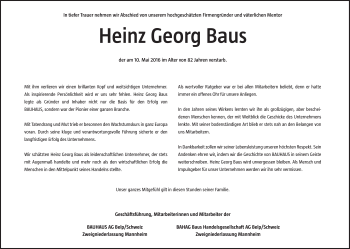 Traueranzeige von Heinz Georg Baus von Süddeutsche Zeitung