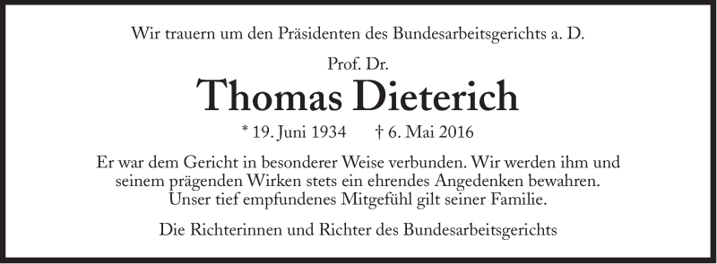  Traueranzeige für Thomas Dieterich vom 14.05.2016 aus Süddeutsche Zeitung
