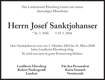 Traueranzeige von Josef Sanktjohanser von Süddeutsche Zeitung