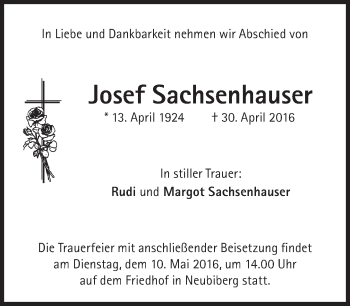 Traueranzeige von Josef Sachsenhauser von Süddeutsche Zeitung