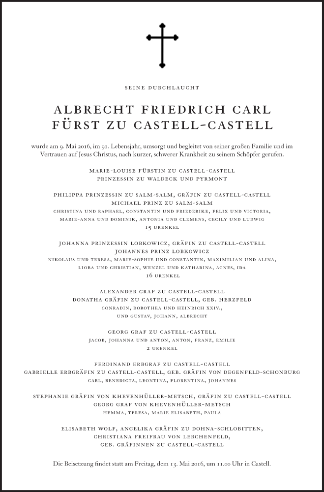  Traueranzeige für Albrecht Friedrich Carl Fürst zu Castell-Castell vom 12.05.2016 aus Süddeutsche Zeitung