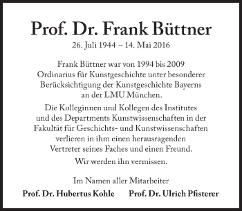 Traueranzeige von Frank Büttner von Süddeutsche Zeitung
