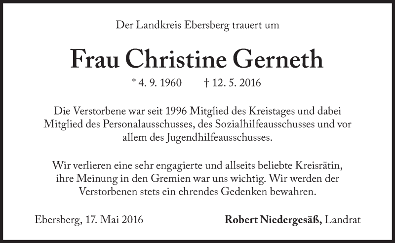  Traueranzeige für Christine Gerneth vom 18.05.2016 aus Süddeutsche Zeitung