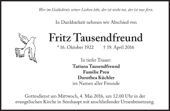 Traueranzeige von Fritz Tausendfreund von Süddeutsche Zeitung