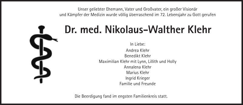  Traueranzeige für Nikolaus-Walther Klehr vom 21.05.2016 aus Süddeutsche Zeitung