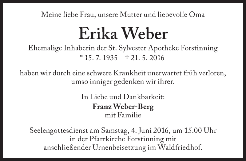  Traueranzeige für Erika Weber vom 01.06.2016 aus Süddeutsche Zeitung