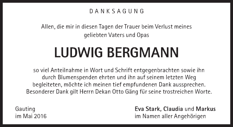  Traueranzeige für Ludwig Bergmann vom 14.05.2016 aus Süddeutsche Zeitung