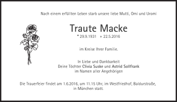 Traueranzeige von Traute Macke von Süddeutsche Zeitung