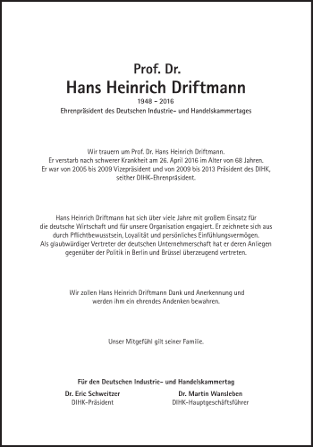 Traueranzeige von Hans Heinrich Driftmann von Süddeutsche Zeitung