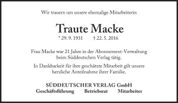Traueranzeige von Traute Macke von Süddeutsche Zeitung