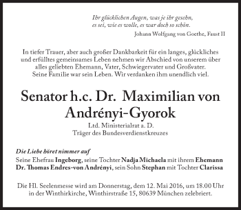 Traueranzeige von Maximilian  von Andrenyi-Gyorok von Süddeutsche Zeitung