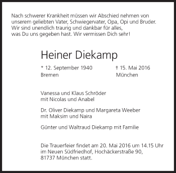 Traueranzeige von Heiner Diekamp von Süddeutsche Zeitung