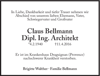 Traueranzeige von Claus Bellmann von Süddeutsche Zeitung