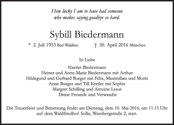 Traueranzeige von Sybill Biedermann von Süddeutsche Zeitung