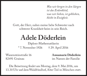 Traueranzeige von Adele Döderlein von Süddeutsche Zeitung