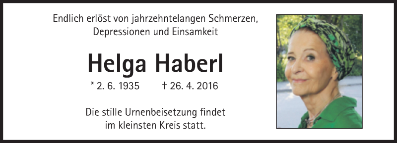  Traueranzeige für Helga Haberl vom 07.05.2016 aus Süddeutsche Zeitung