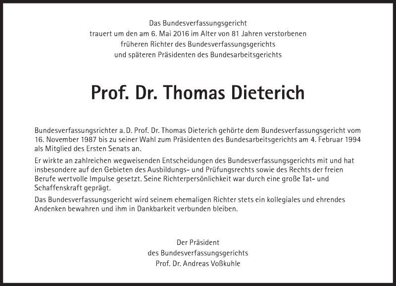  Traueranzeige für Thomas Dieterich vom 14.05.2016 aus Süddeutsche Zeitung