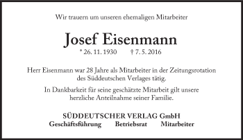Traueranzeige von Josef Eisenmann von Süddeutsche Zeitung