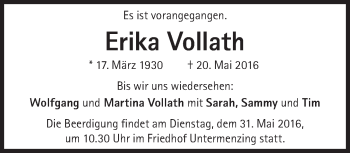 Traueranzeige von Erika Vollath von Süddeutsche Zeitung