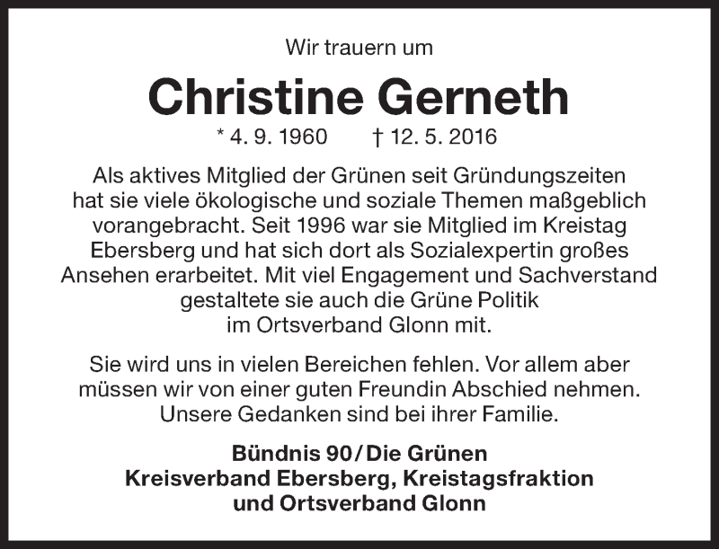  Traueranzeige für Christine Gerneth vom 18.05.2016 aus Süddeutsche Zeitung