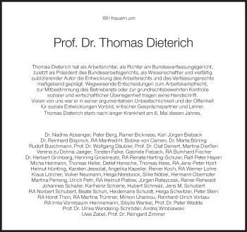Traueranzeige von Thomas Dieterich von Süddeutsche Zeitung
