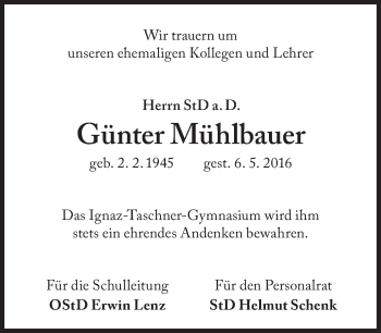 Traueranzeige von Günter Mühlbauer von Süddeutsche Zeitung