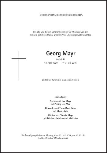 Traueranzeige von Georg Mayr von Süddeutsche Zeitung