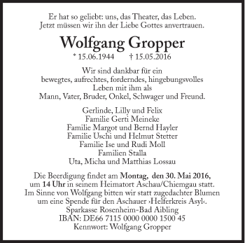 Traueranzeige von Wolfgang Gropper von Süddeutsche Zeitung