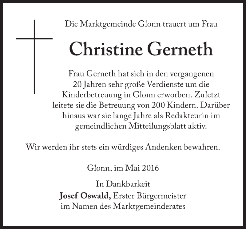  Traueranzeige für Christine Gerneth vom 18.05.2016 aus Süddeutsche Zeitung