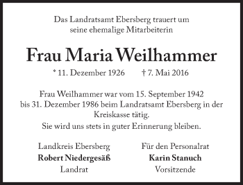 Traueranzeige von Maria Weilhammer von Süddeutsche Zeitung