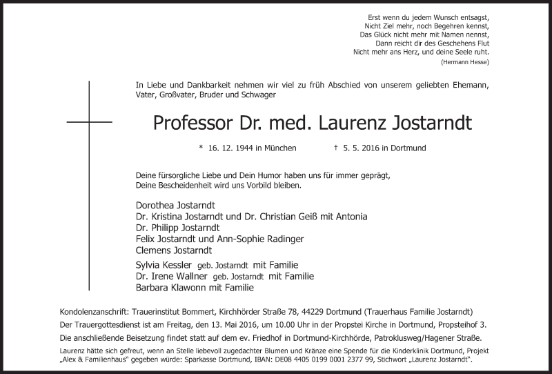  Traueranzeige für Laurenz Jostarndt vom 11.05.2016 aus Süddeutsche Zeitung