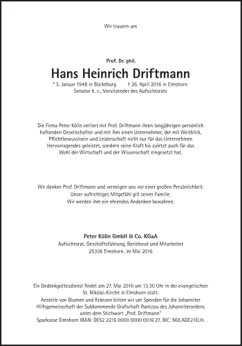 Traueranzeige von Hans Heinrich Driftmann von Süddeutsche Zeitung