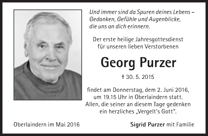  Traueranzeige für Georg Purzer vom 28.05.2016 aus Süddeutsche Zeitung