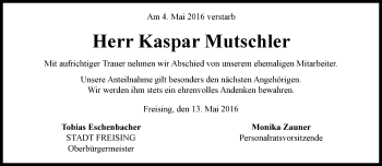 Traueranzeige von Kaspar Mutschler von Süddeutsche Zeitung