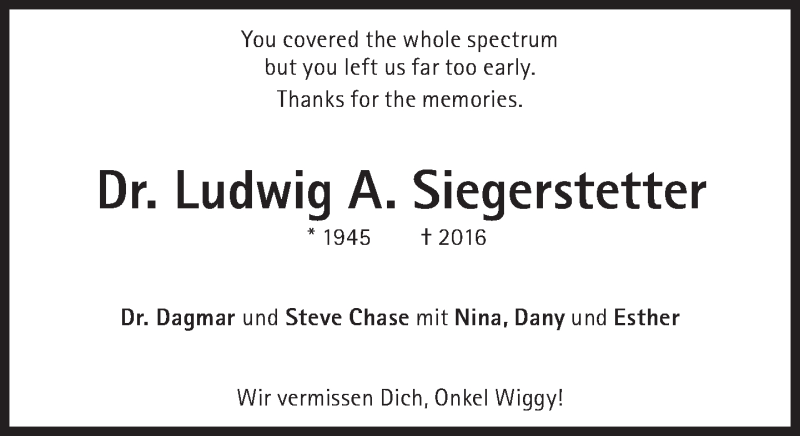  Traueranzeige für Ludwig A. Siegerstetter vom 14.05.2016 aus Süddeutsche Zeitung