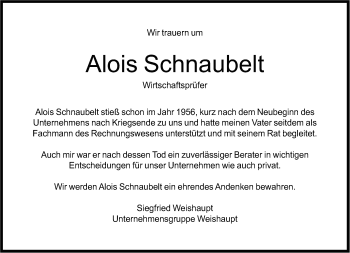 Traueranzeige von Alois Schnaubelt von Süddeutsche Zeitung