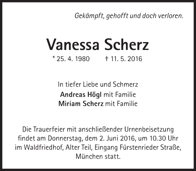  Traueranzeige für Vanessa Scherz vom 28.05.2016 aus Süddeutsche Zeitung