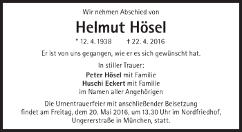 Traueranzeige von Helmut Hösel von Süddeutsche Zeitung