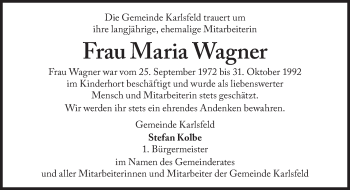 Traueranzeige von Maria Wagner von Süddeutsche Zeitung