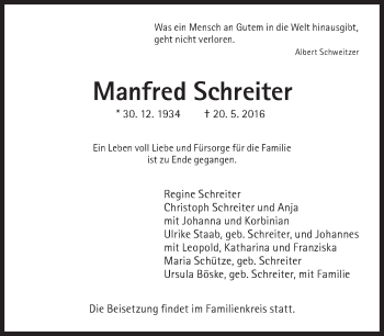 Traueranzeige von Manfred Schreiter von Süddeutsche Zeitung